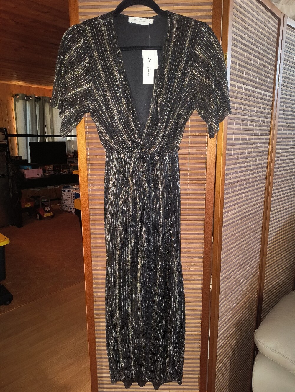 All In Favor Nordstrom Dolman Plisse Midi Shine Black Dress XS